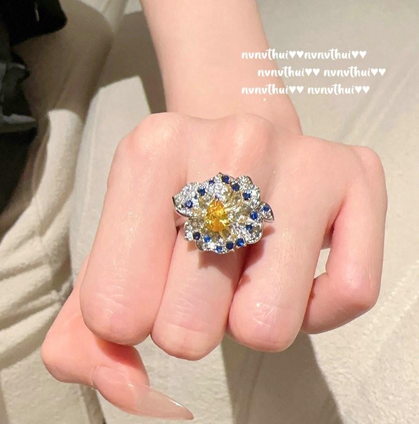 Canary Tourmaline Iris Gemstone Ring, Rich Woman'S Happiness, Plated With 18K Gold, Twilight Wheat Ear Zircon Ring.