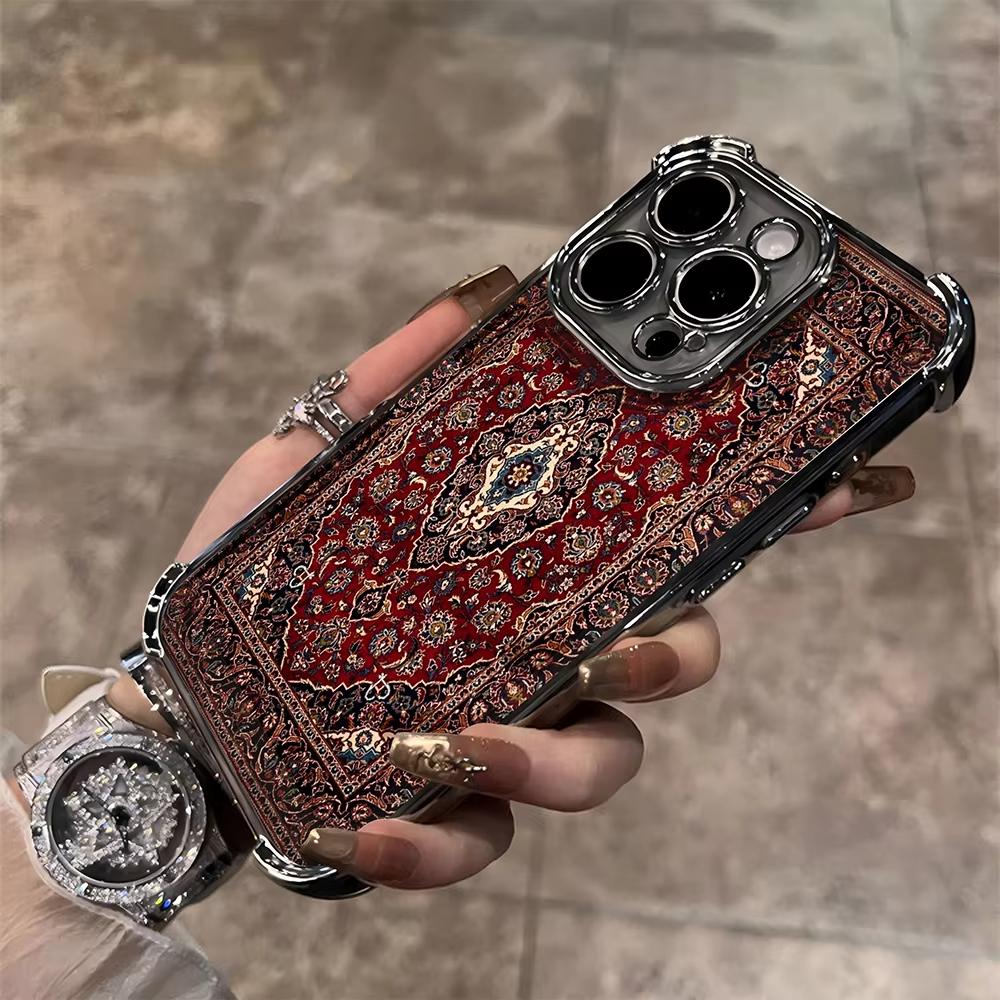 Persian Carpet Floral Pattern Plating Phone Case For iPhone 17 Air 16e 15 14 13 12 11 Pro Max Plus Mini SE Anti-Fall Airabag