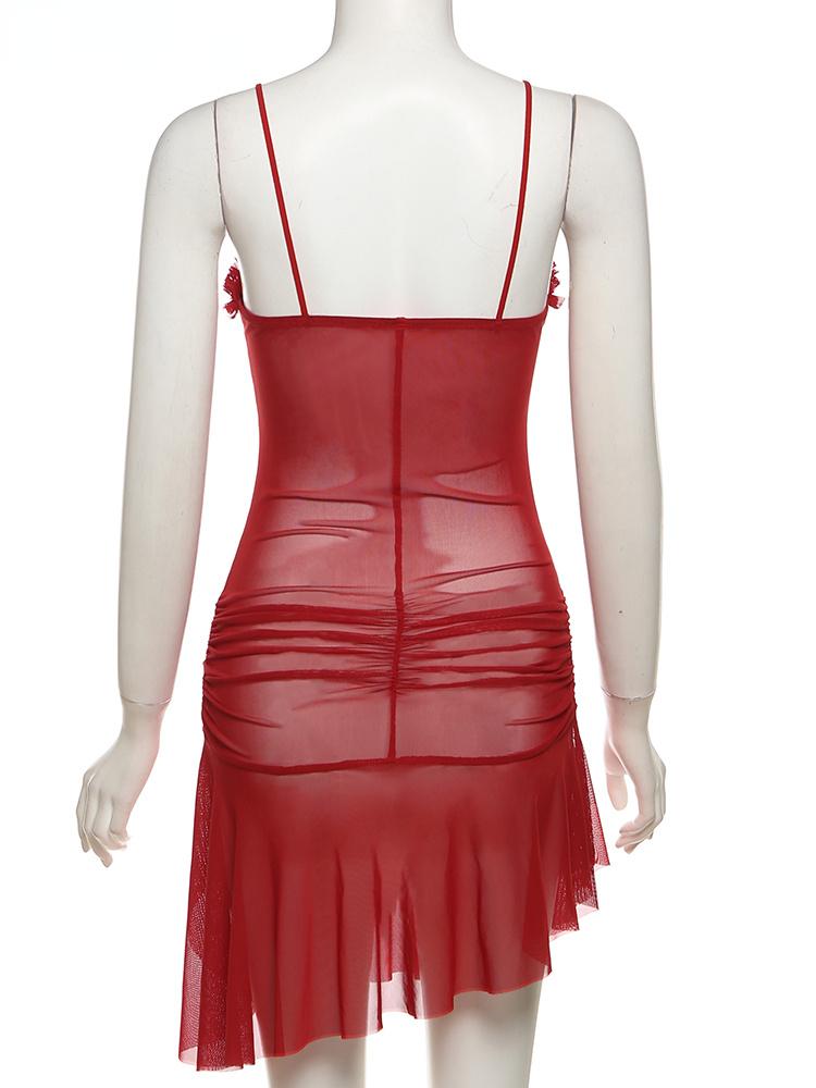 Weird Mesh Ruffles Women New Prom Dress Hollow See Through Irregular Side Split Outfit Folds Skinny Sexy Elastic Pretty Mini Midnight Clothing