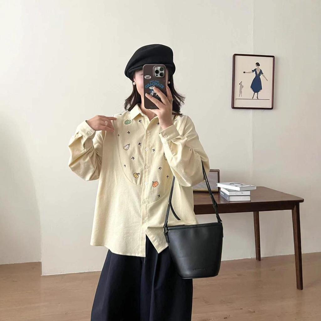 2025 Autumn/Winter Retro Brushed Print Cardigan Long Sleeve Lapel Shirt Women's Slim Top