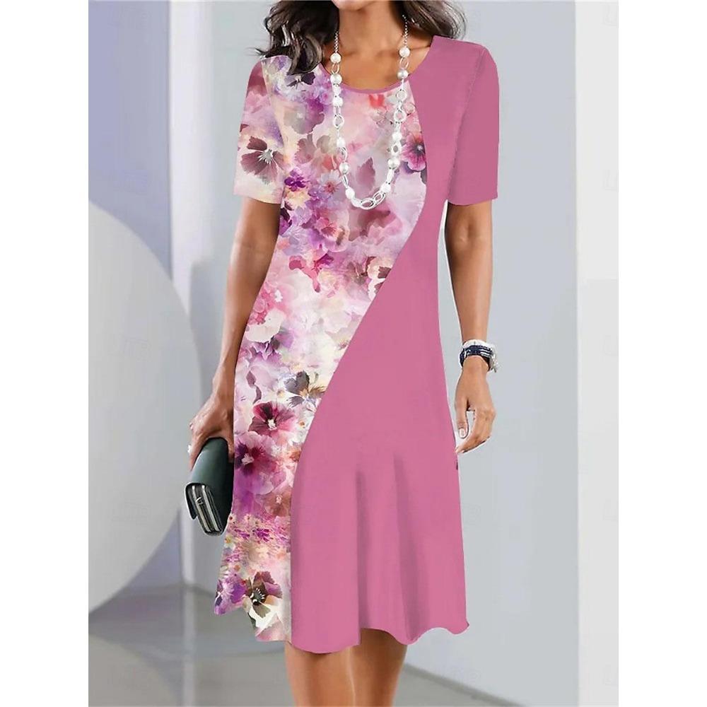 Women's Casual Dress Floral Print Crew Neck Midi Dress Stylish Casual Daily Vacation Short Sleeve Summer Evening Party Dresses
