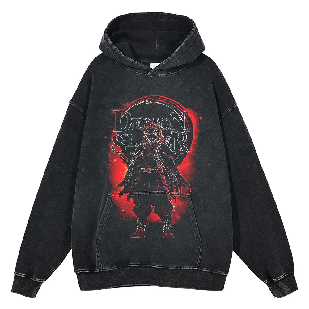 Japan Anime Demon Slayer Rengoku Kyoujurou Graphic Washed Hooded Men Manga High Quality Hoodies Harajuku Male Cotton Sweatshirt