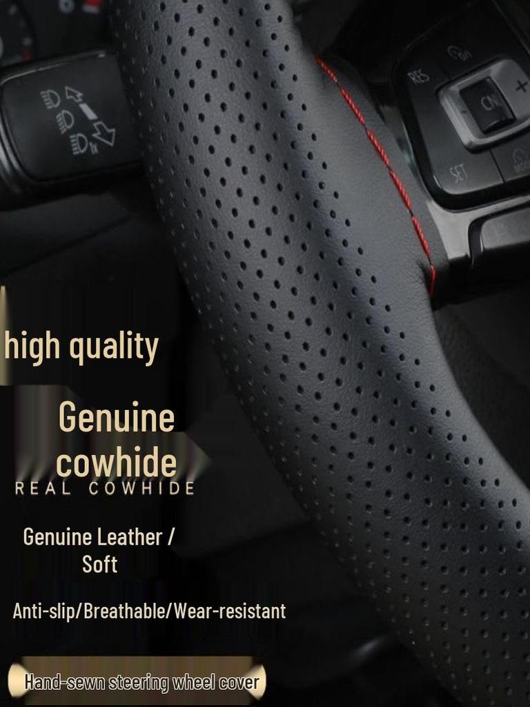 Universal Genuine Leather Steering Wheel Cover, Hand-Stitched, Breathable, All-Season, Fits All Vehicles
