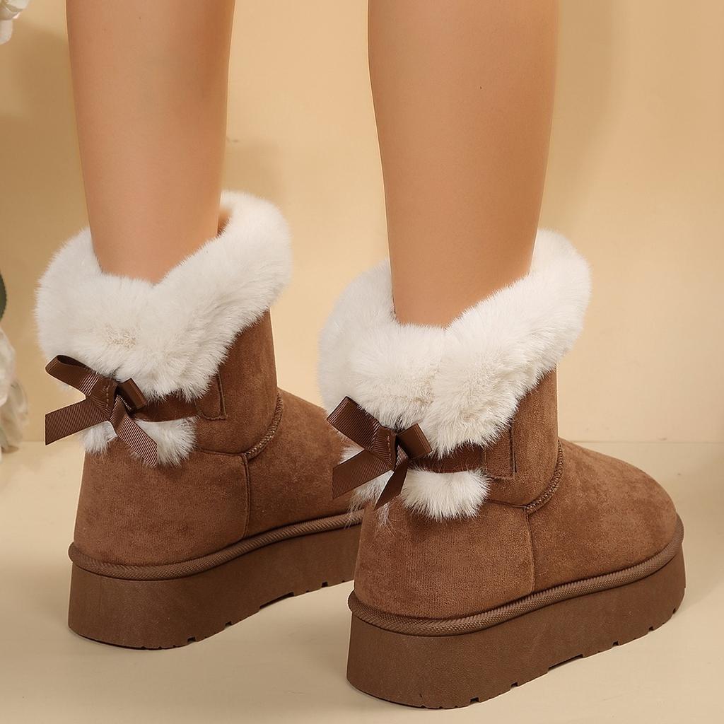 2025 Winter New Snow Cotton Boots Women's Platform Bow Casual Fleece Thickened Warm and Non-slip Cotton Boots