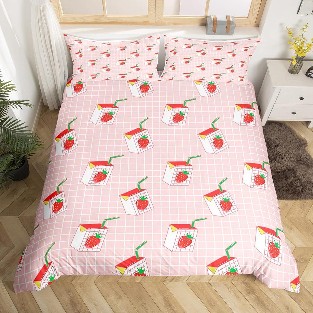 Sweet Strawberry Milk Duvet Cover King Queen Cute Bear Bedding Set Cartoon Fruits Animals Comforter Cover with 2 Pillowcases
