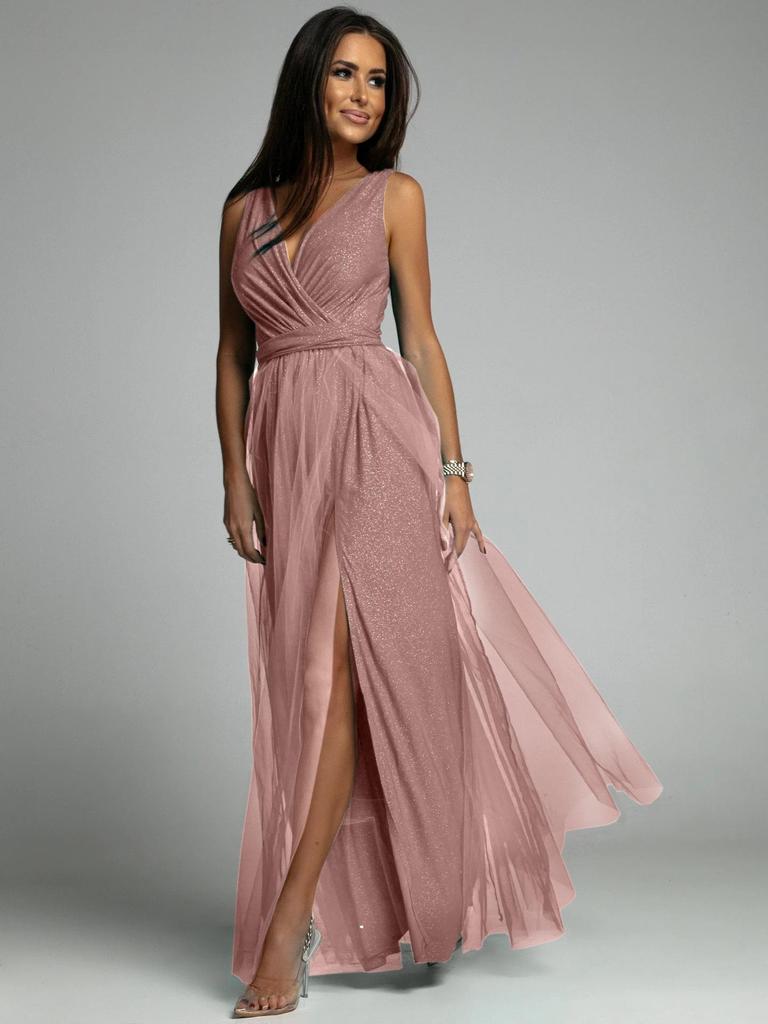 Cross-border 2023 V-Neck Waist-Cinching Sparkling Evening Gown with Slit