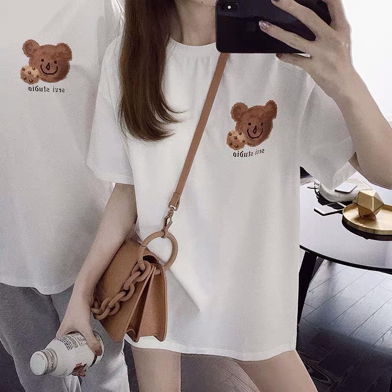 SCIONE Retro Bear Cartoon Printing Short-sleeved Round Neck Loose Leisure Versatile T-shirt 2025 New Sweet Cute Bear Couple Clothing