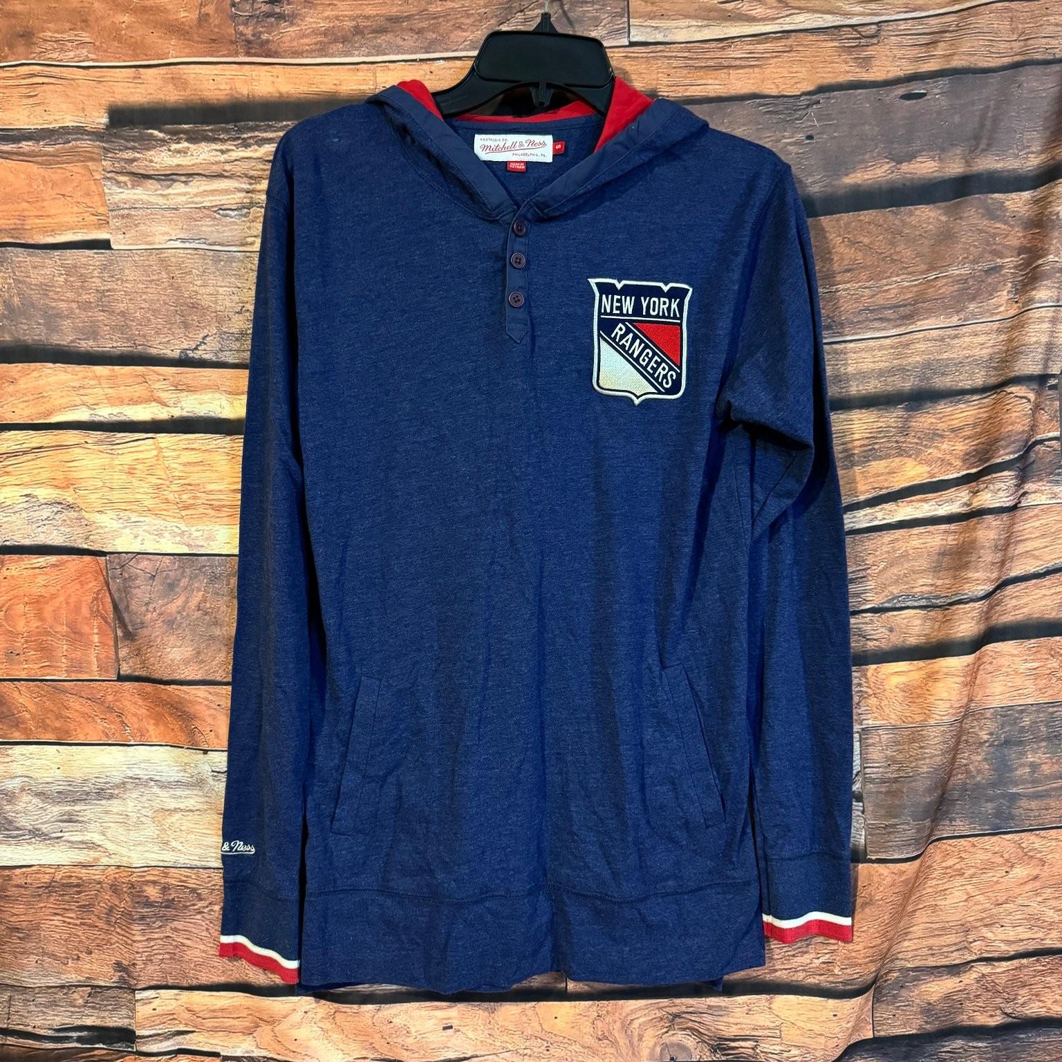 Mitchell & Ness Men s New York Rangers Blue Hooded Henley S Cotton Unisex T-Shirt XXXL