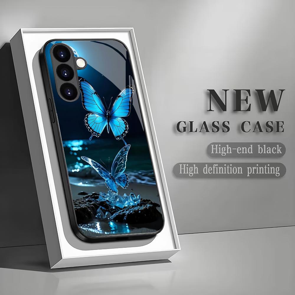 

Blue butterfly tempered glass phone case suitable for Samsung Galaxy S26 S25 S24 S23 S22 S20 FE/Ultra/Plus anti drop back cover GalaxyS26Ultra
