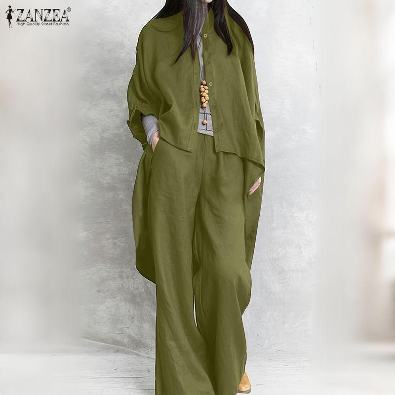 ZANZEA Women Long Sleeve Long Blouse and Pants Casual Two Piece Suit Sets
