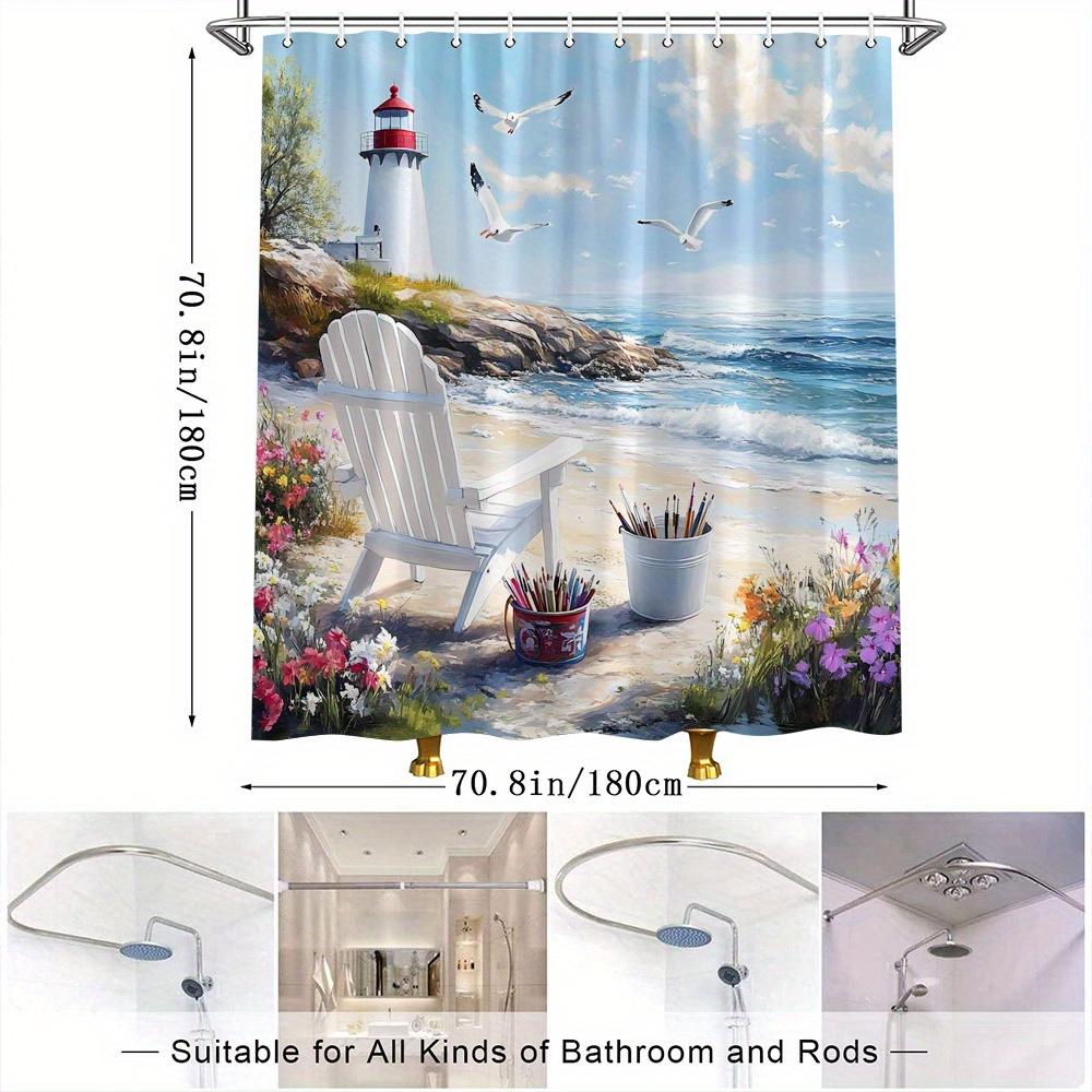 Serene Beach Scene Shower Curtain - Adirondack Chair, Lighthouse, Seagulls & Flowers, Polyester, 12 Hooks, Coastal Theme