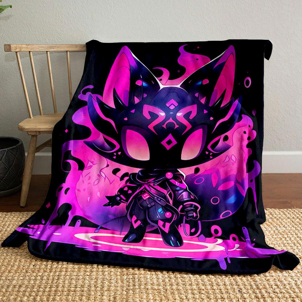 Neon pink and purple fox-like figure with glowing patterns and flames. for all seasons blanket lunch break throw gift