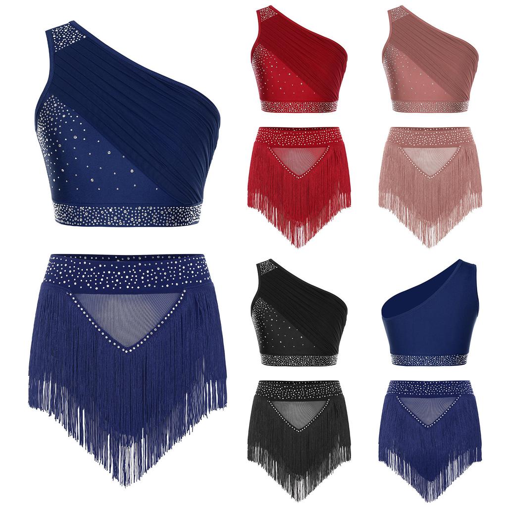 Completo Modern Dance da Donna con Strass Monospalla Top Corto Arricciato Pantaloncini con Frange Costume da Pattinaggio
