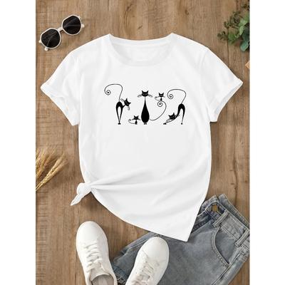 Europäische Größe Damen Lässiges Kurzarm-T-Shirt - Geometrische Katze & Blumendruck Rundhals-Oberteil, Atmungsaktives Sommer-T-Shirt, Maschinenwaschbar, Normale Passform