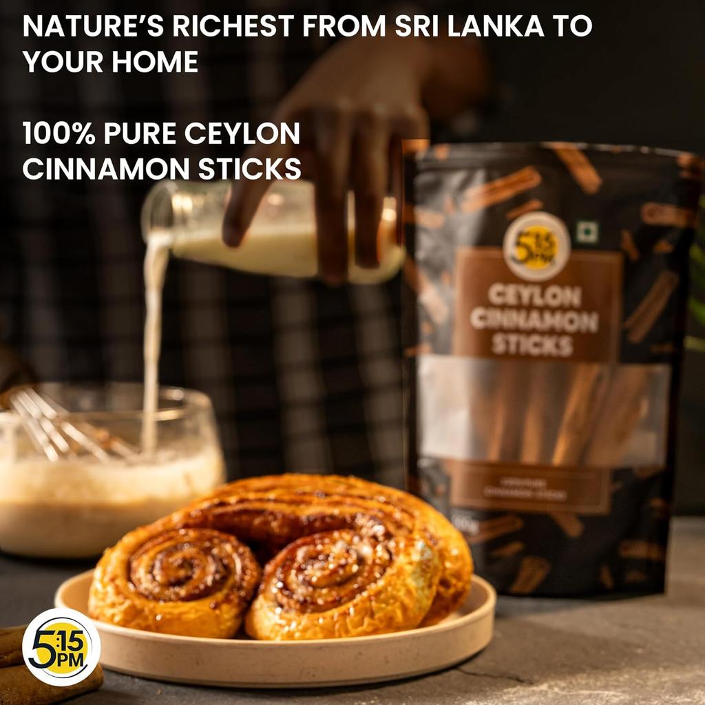 5:15PM Ceylon Zimtstangen Original 100g x Packung à 2 Stück | Aromatisches Sri-Lankan Dalchini für Backen & Tee