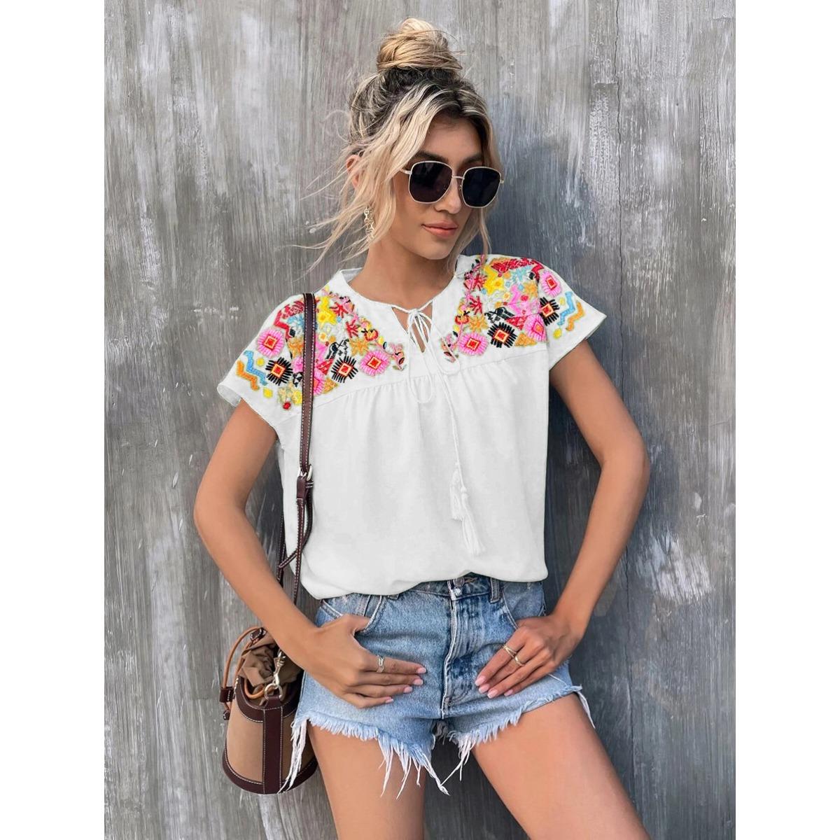 Women s Tie Neck Short Sleeve Loose Floral Embroidered Polyester Casual Summer Blouse Top S