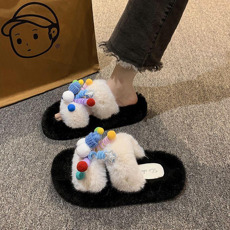 Sandals Size Cute Cartoon Fur Slippers Women Autumn Winter New Outdoor Wear Office Indoor Cotton Slippers