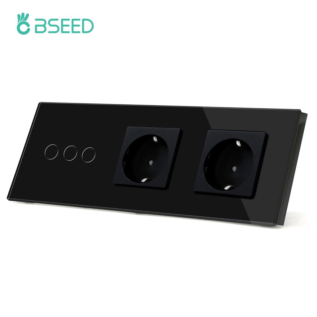 BSEED 1/2/3fach Touchschalter 1-Weg Lichtschalter mit EU-Wandsteckdosen USB Typ-C Steckdosen Glasplatte Schwarz