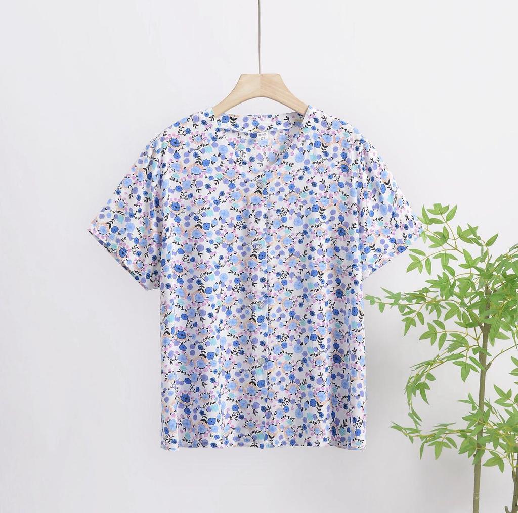 2025 Summer Floral Print V-Neck Button Short Sleeve Loose T-Shirt