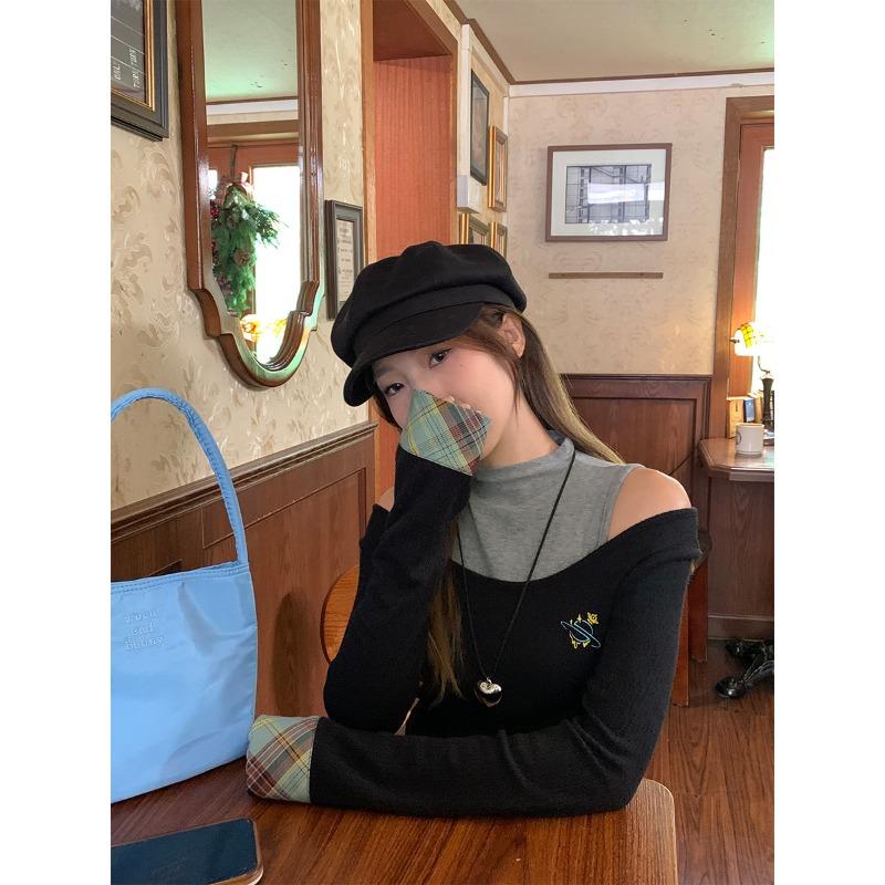 

Американская контрастная расцветка с небольшим воротником-стойкой и длинными рукавами, новый стиль осень-зима, внутренняя полуводолазка из двух частей XL