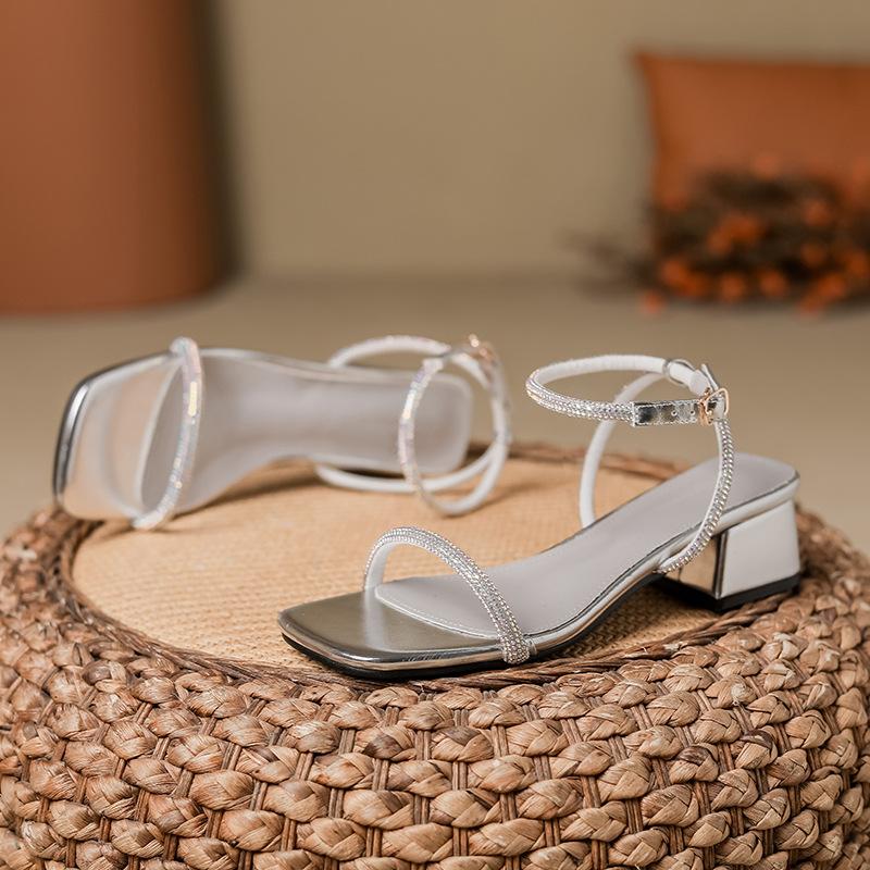 

Fashion single crystal band sandals women med-high heels summer shoes silver leather ankle strap gladiator sandalias mujer party shoes 35 серебряный