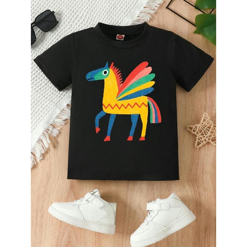 European sizes Cute Horse Image Printed Design, Summer Casual Fashion Girls  Comfortable Top 98cm чёрный