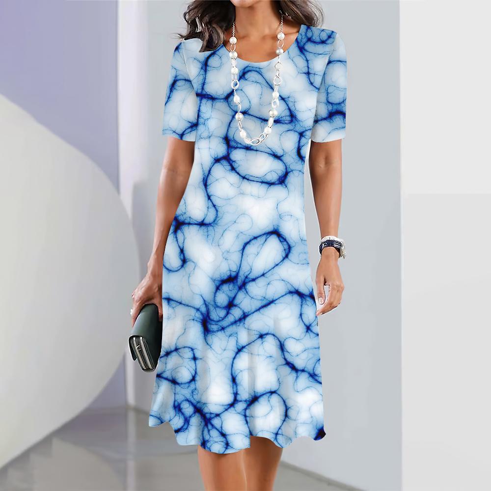 Abito estivo a righe curve da donna, a maniche corte, con scollo rotondo, casual, quotidiano, lunghezza al ginocchio, elegante, abiti da festa 2024