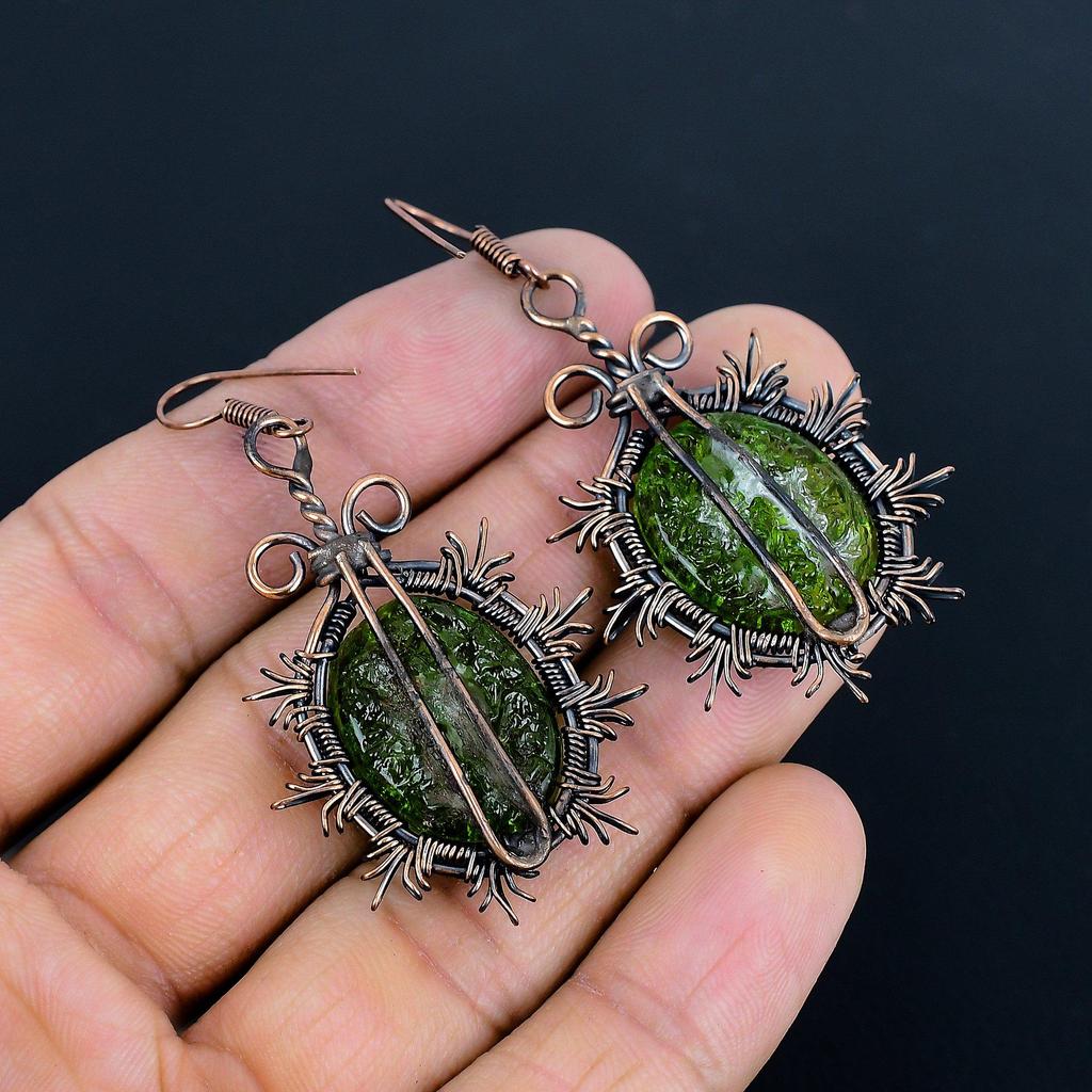Moldavite Earrings, 999 Copper Wire Wrapped Gemstone Jewelry, Handmade  Earrings For Mother Day