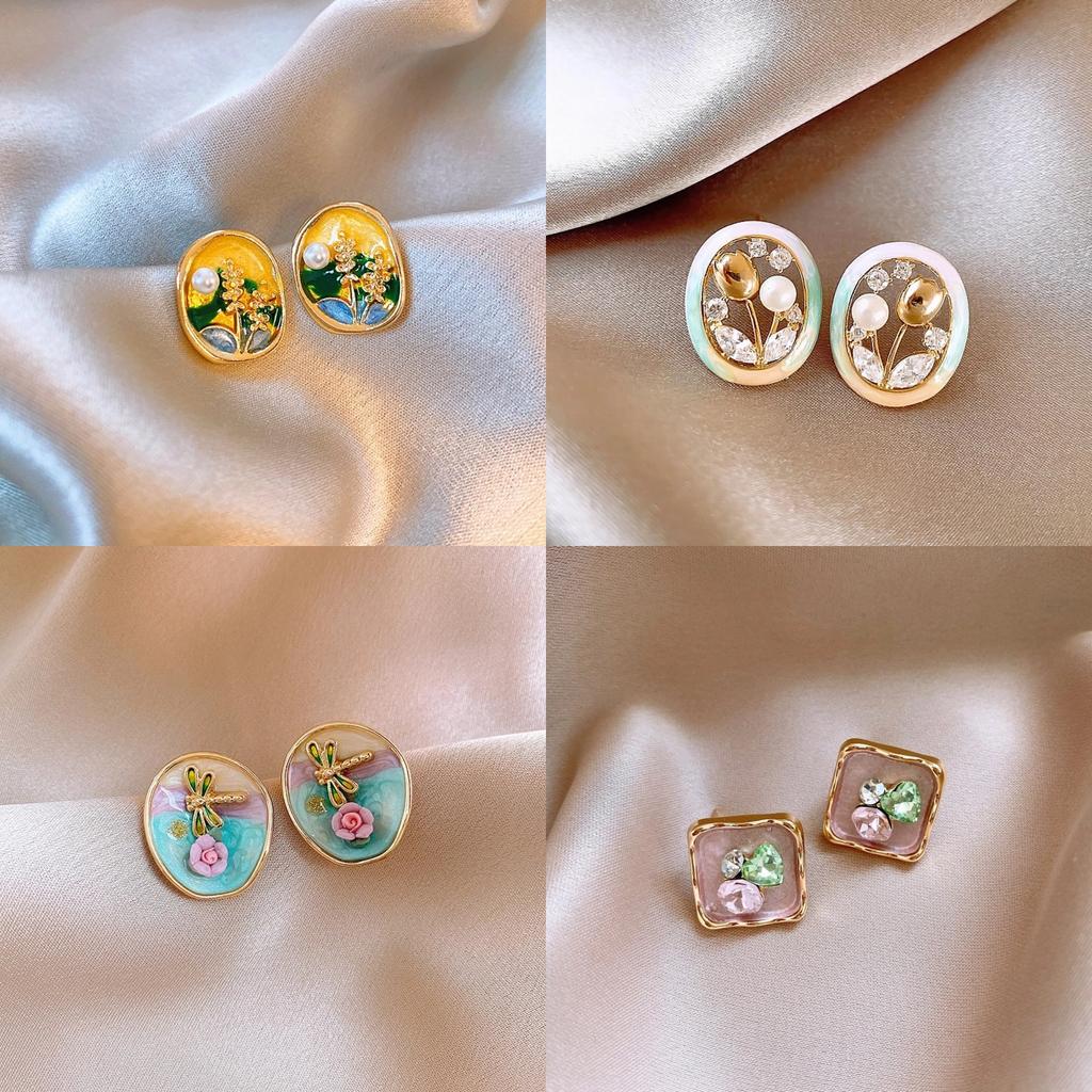 Monet garden oil painting style flower pearl earrings light luxury stud earrings French sweet small fresh earrings women