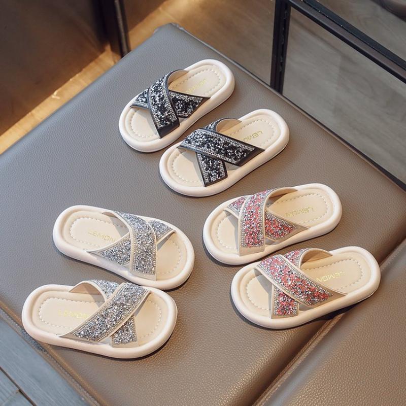 Shine Slippers Kids Toddler Girl Shoes Chic Open-toe Versatile Soft Open-toe PU Children Fashion Casual Shoes Breatheable Simple