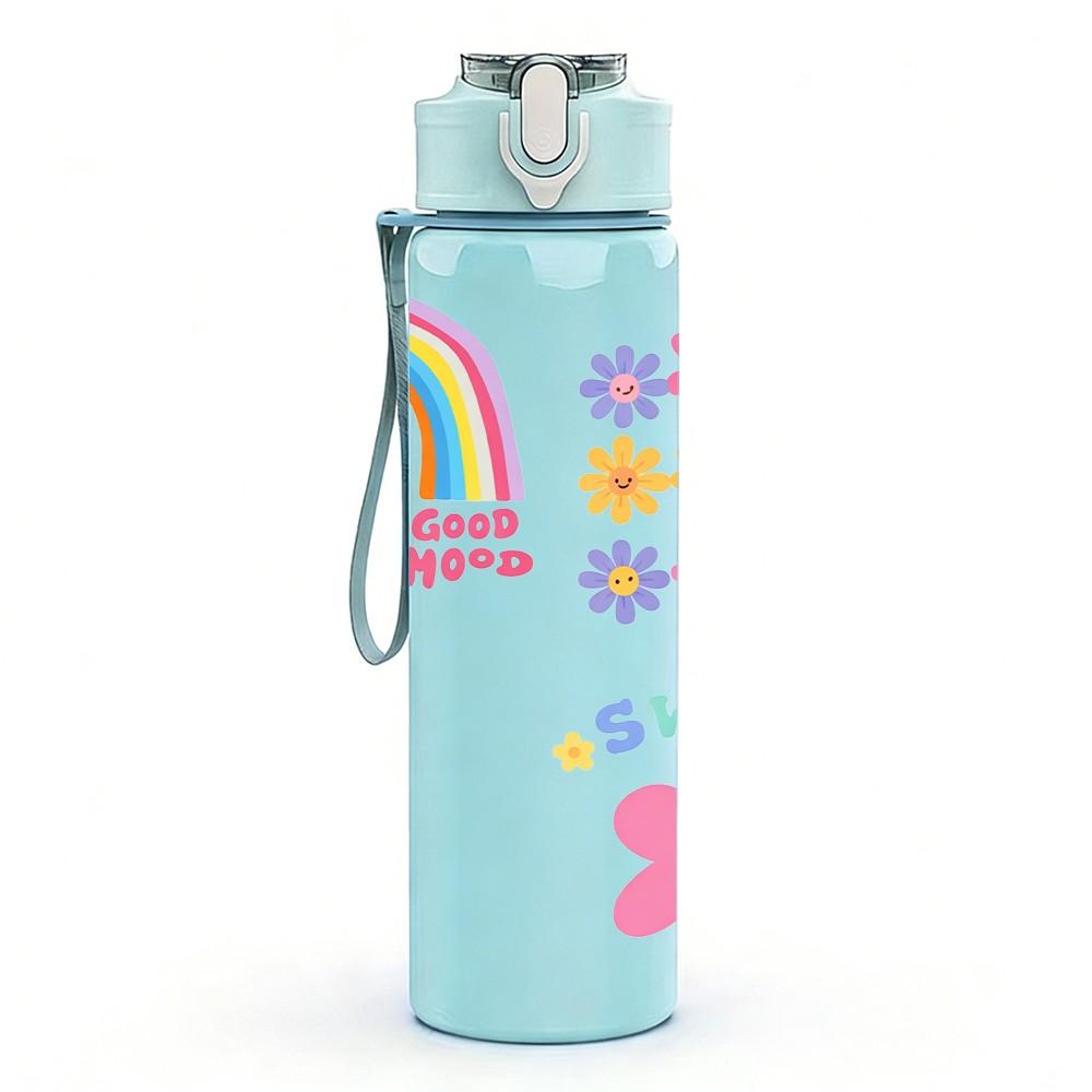 1PC Rainbow Sun Flower Cute Pastel Print 750ml Color Plastic Sports Water Bottle Leakproof Flip Straw Lid Suitable for Sports Office Home Use