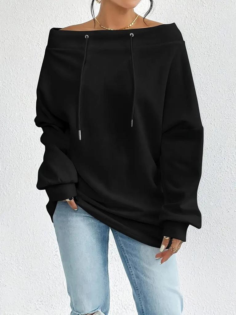 Women's Off Shoulder Long Sleeve Top Loose Fit Casual Solid Color Drawstring Midi Sweatshirt Daily Pullover