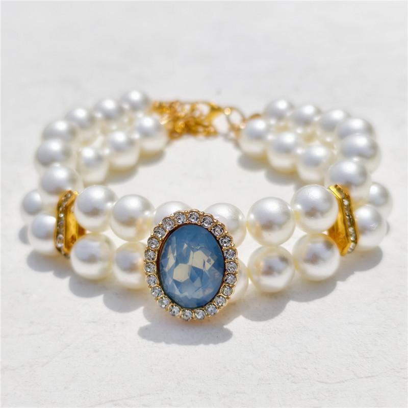 

High-end pet collar double-layer pearl gemstone decorative cat and dog necklace gold European and American design party birthday gift XS 15-20CM небесно-голубой
