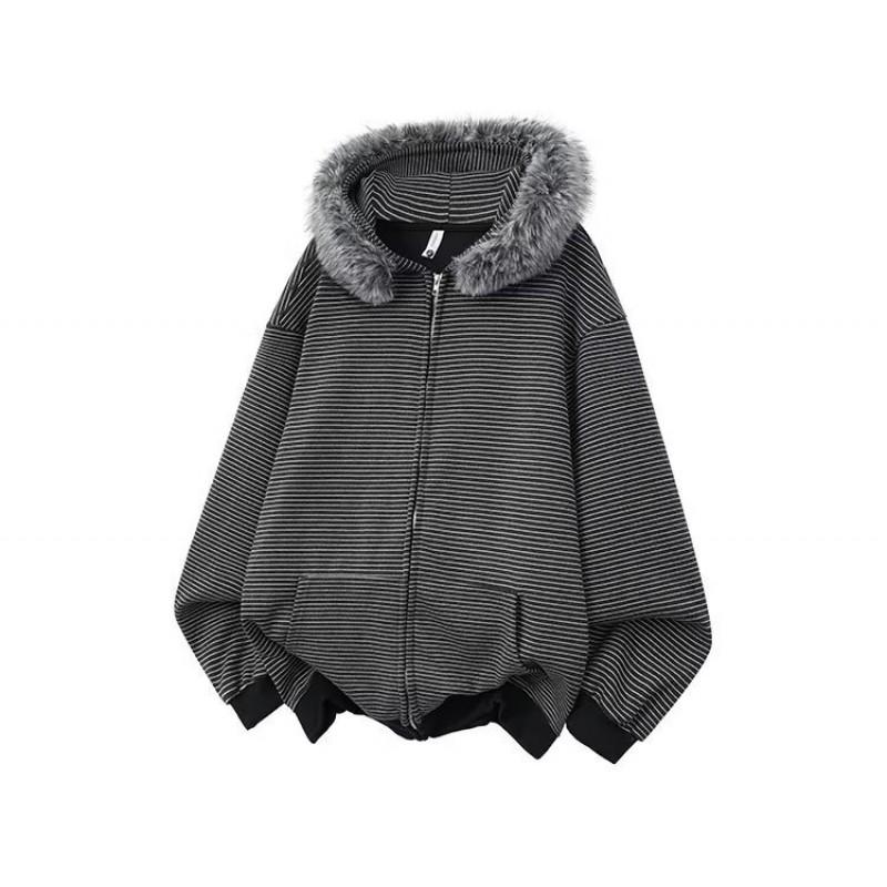 Unisex Retro Striped Hooded Zip-Up Sweatshirt With Faux Fur Trim Oversized Fit Fall Casual Outerwear