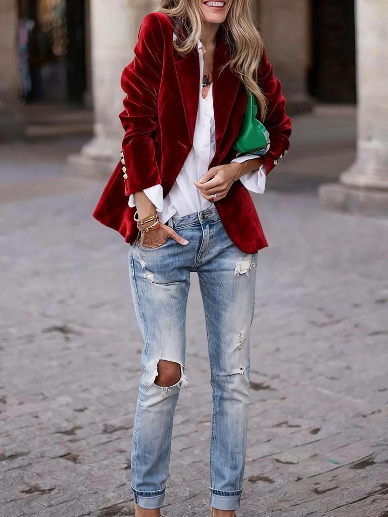 Blazer Elegante de Veludo Slim Fit com Bolsos Falsos - Estilo Europeu e Americano 2025