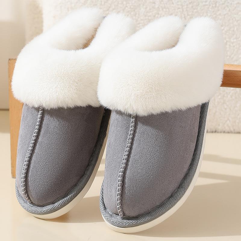 Winter Faux Suede Fur Collar Cotton Slippers for Men Women, Indoor Thick Sole Non-slip Warm Home Slippers