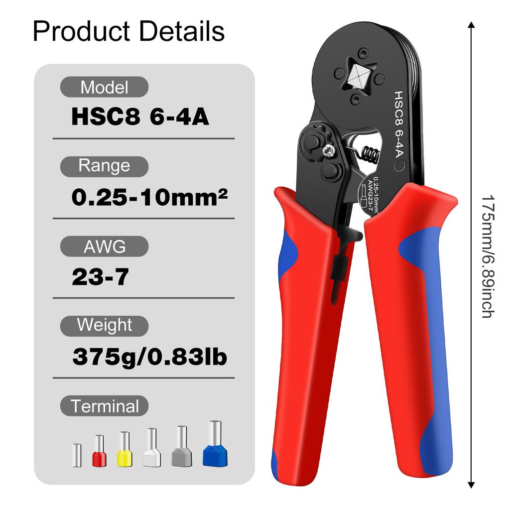 HSC8 6-4A Crimping Tool 0.25-10mm for Ferrule Tubular Terminals ² 23-7AWG Ferrule Crimping Clamp Set Wire Head Electrician Tools