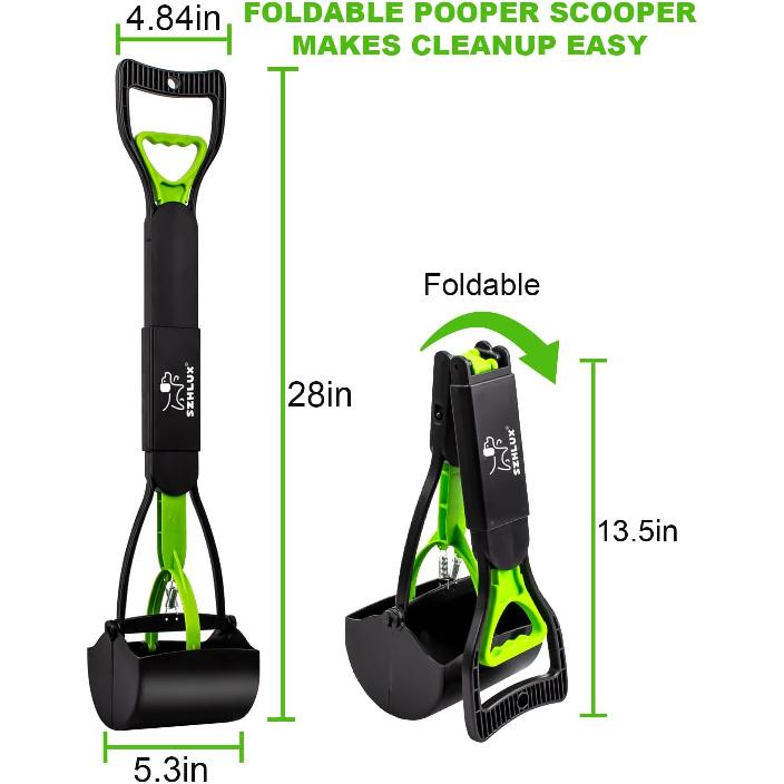 SZHLUX 28" Pooper Scooper, Foldable Dog Pooper Scooper with Unbreakable Material and Durable Spring for Grass and Gravel, Green