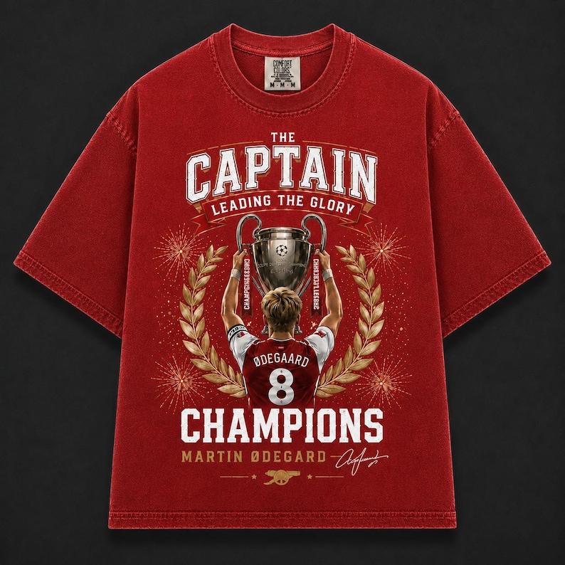 Martin Odegaard Captain Champions Shirt, Leading The Glory Graphic Tee, Soccer Fan Gift, Number 8 Football Shirt, Vintage Sports Tee