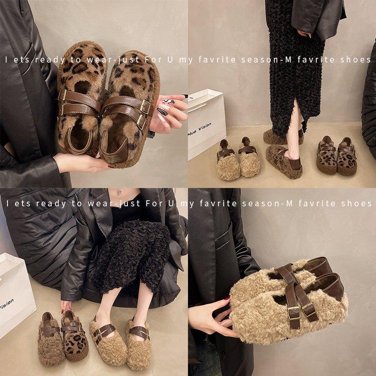 [Lamb Wool] Women's Wool Shoes 2025 New Winter Thick-soled Belt Buckle, Velvet Warm One-pedal Cotton Shoes