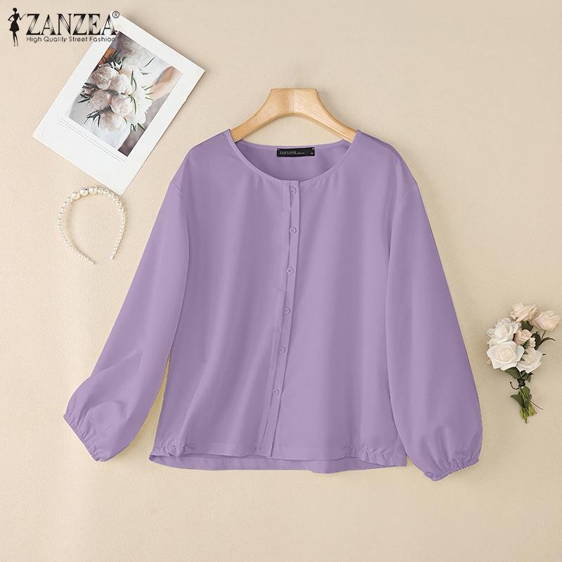 ZANZEA Women Casual Round Neck Loose Long Sleeve Plain Blouse