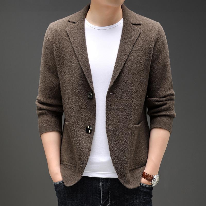 Men s Slim Fit Lapel Cardigan - Solid Color Knit, Long Sleeve Outerwear 2XL кофейный