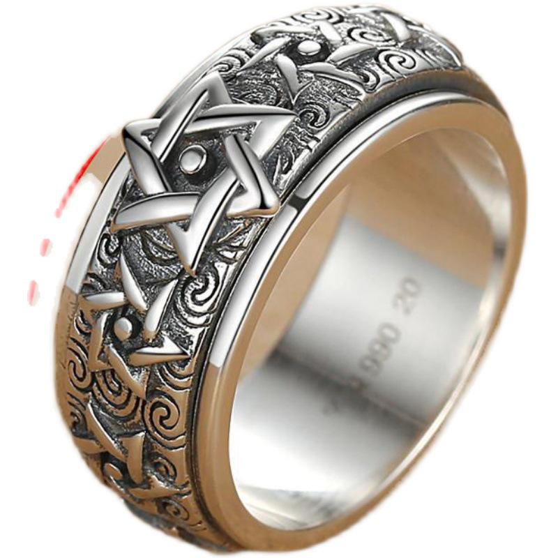 S925 Sterling Silver Rotatable Six-Pointed Star Wide Band Ring for Men - Retro Index Finger Design