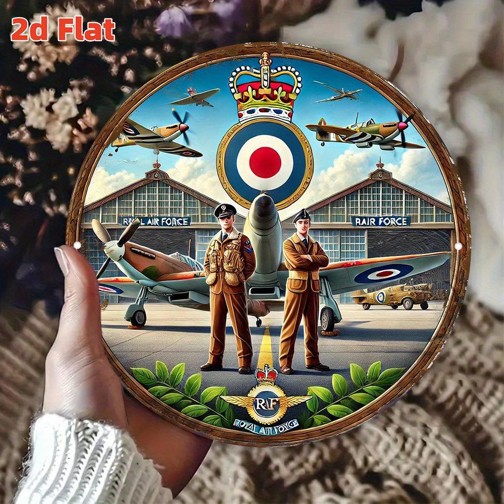 D Flat Vintage Royal Air Force (RAF) Spitfire Fighter Planes Pilots at Airfield Retro Round Metal Tin Sign WWII Military 20x20cm(8x8inch)