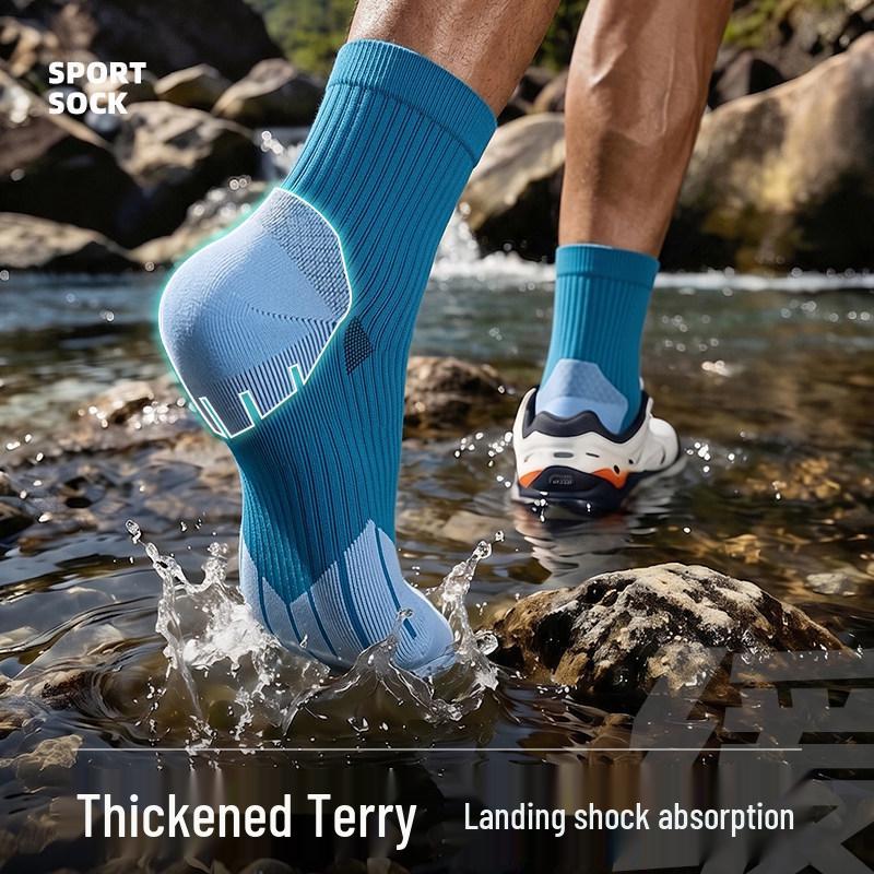 Men's Mid-Calf Performance Running Socks, Towel Bottom, Sweat-Absorbent, Shock-Absorbing, Ideal for Marathon, Hiking, and Mountaineering