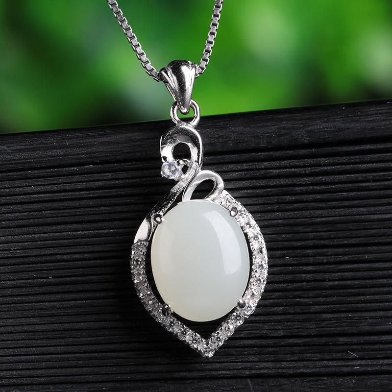 

Ancient Style White Hetian Jade Pendant Necklace with 925 Sterling Silver for Women 925 Sterling Silver