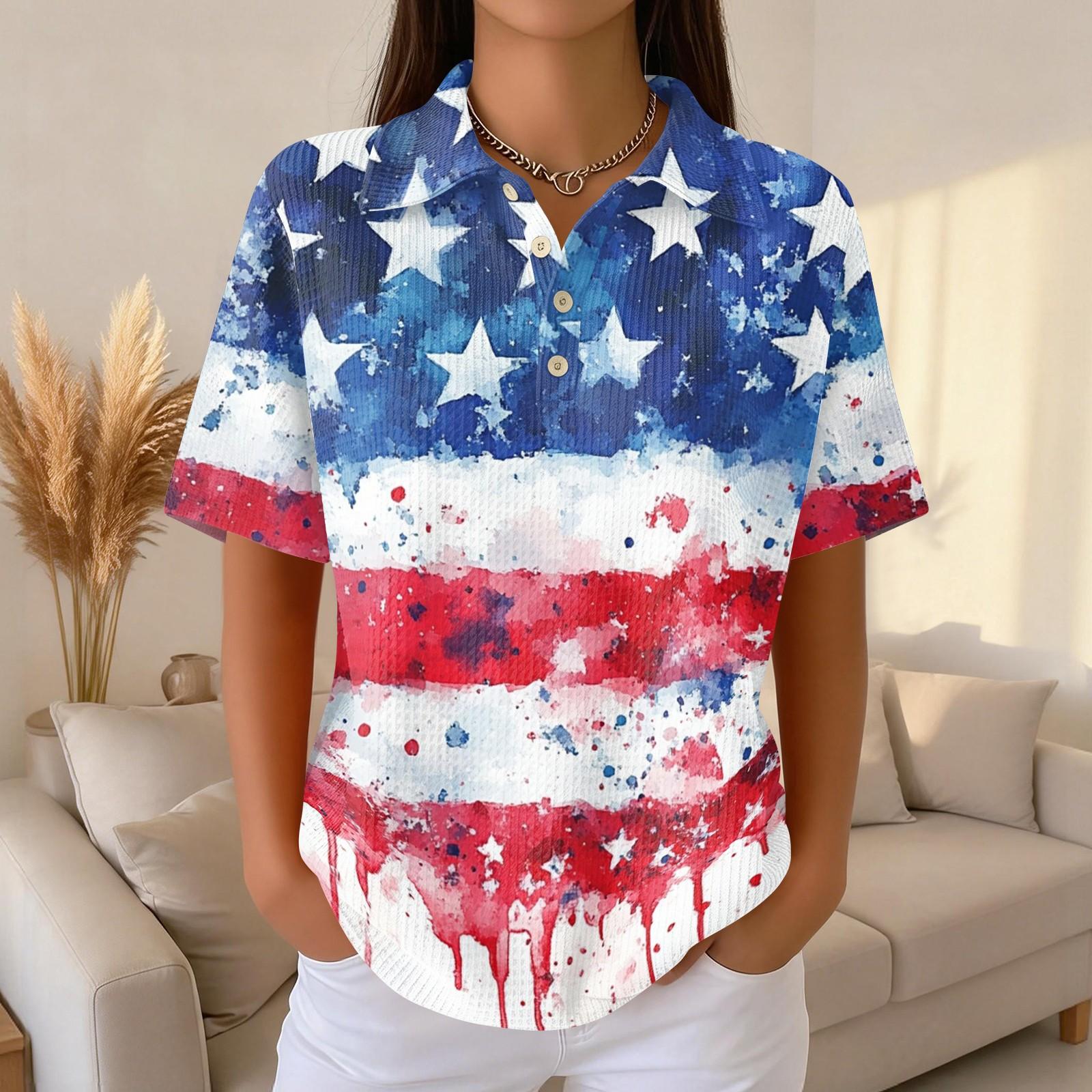 

Womens Casual Knit Short Sleeve Collared Shirt with Star and Stripe Print Button Down Top for Summer S винний