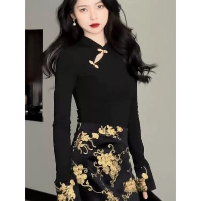 Herbst Neu Damen Neu Chinesischer Stil Knopfleiste Langarm Top Mode