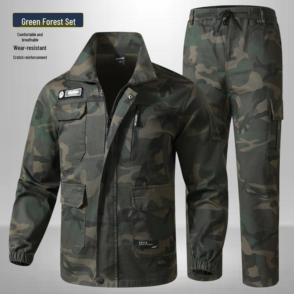 Unisex Spring/Autumn Camouflage Workwear Suit - Elastic, Anti-scalding, Wear-resistant Cotton for Welders and Auto Repair