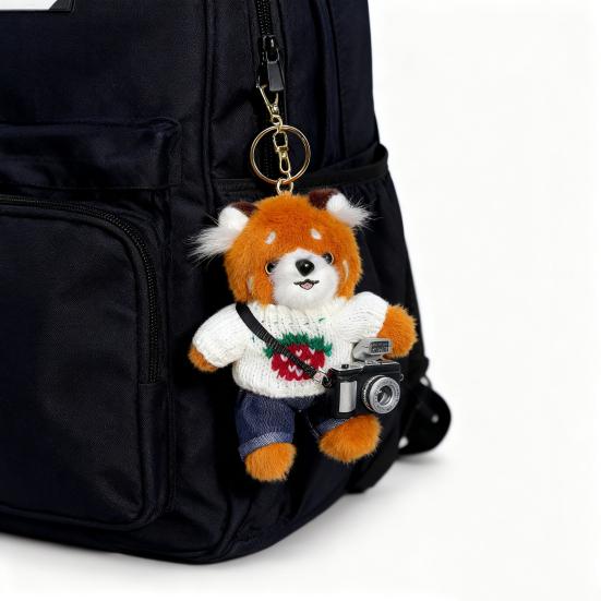 Cartoon Red Panda Plush Keychain Stuffed Red Panda Wearing Sweater Bag Charm with Mini Camera for Backpack Handbag Car Key Accessories